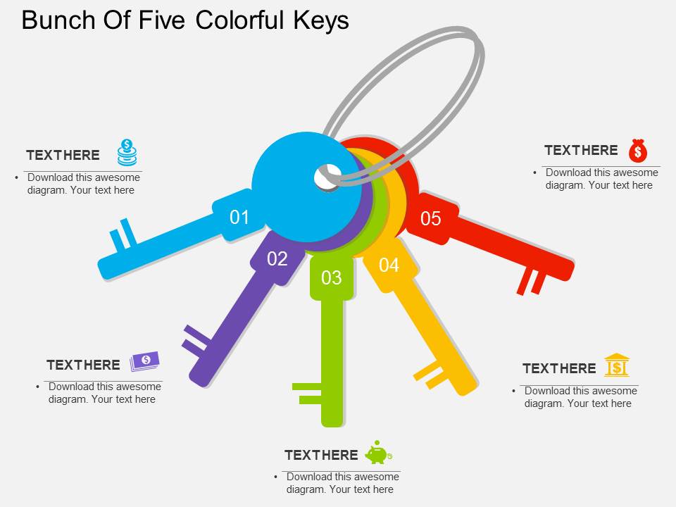 Bunch Of Five Colorful Keys Powerpoint Templates