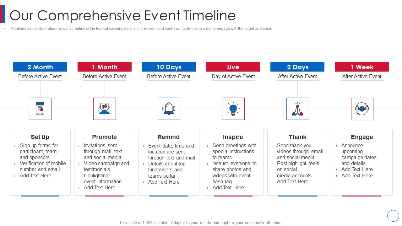 Business Affair Funding Pitch Deck Our Comprehensive Event Timeline Portrait PDF