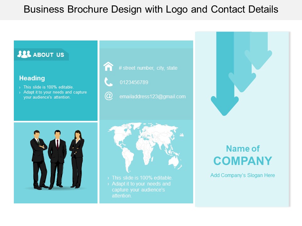 Business Brochure Design With Logo And Contact Details Ppt PowerPoint Presentation Outline Infographic Template