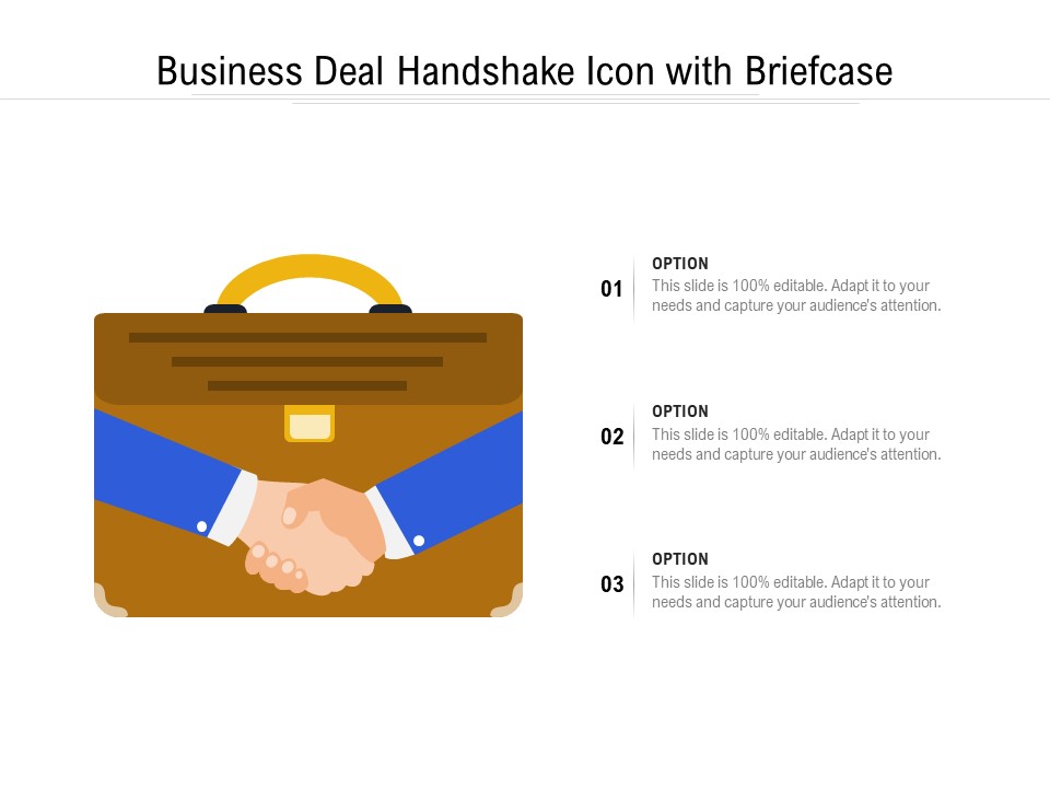 Business Deal Handshake Icon With Briefcase Ppt PowerPoint Presentation File Visual Aids PDF