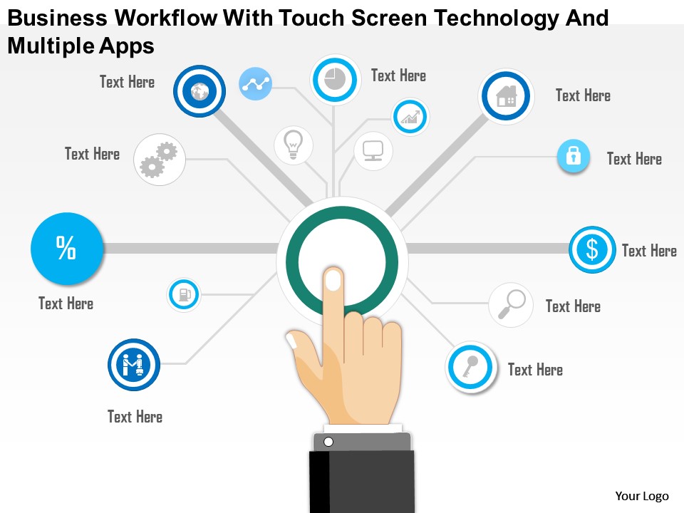Business Diagram Business Workflow With Touch Screen Technology And Multiple Apps Presentation Templ