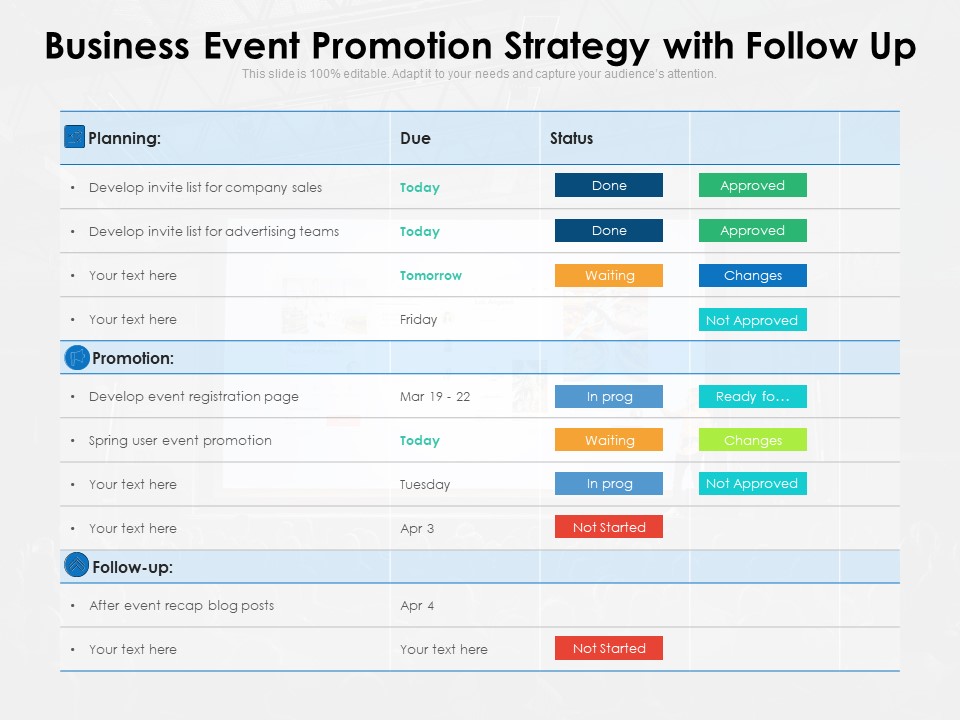 Business Event Promotion Strategy With Follow Up Ppt PowerPoint Presentation Gallery Slide Download PDF