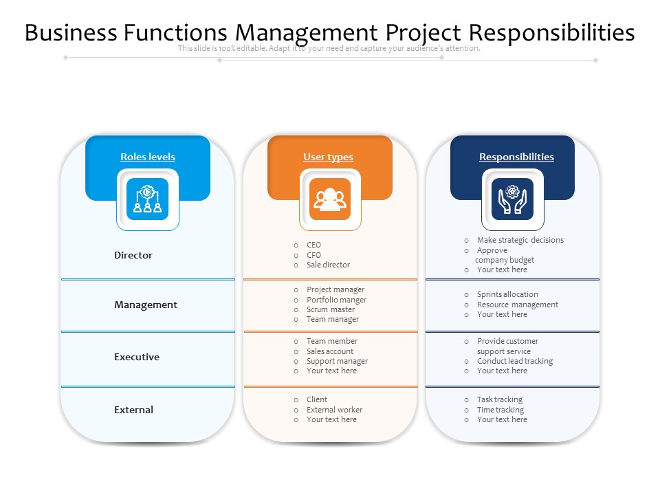 Business Functions Management Project Responsibilities Ppt PowerPoint Presentation Slides File Formats PDF