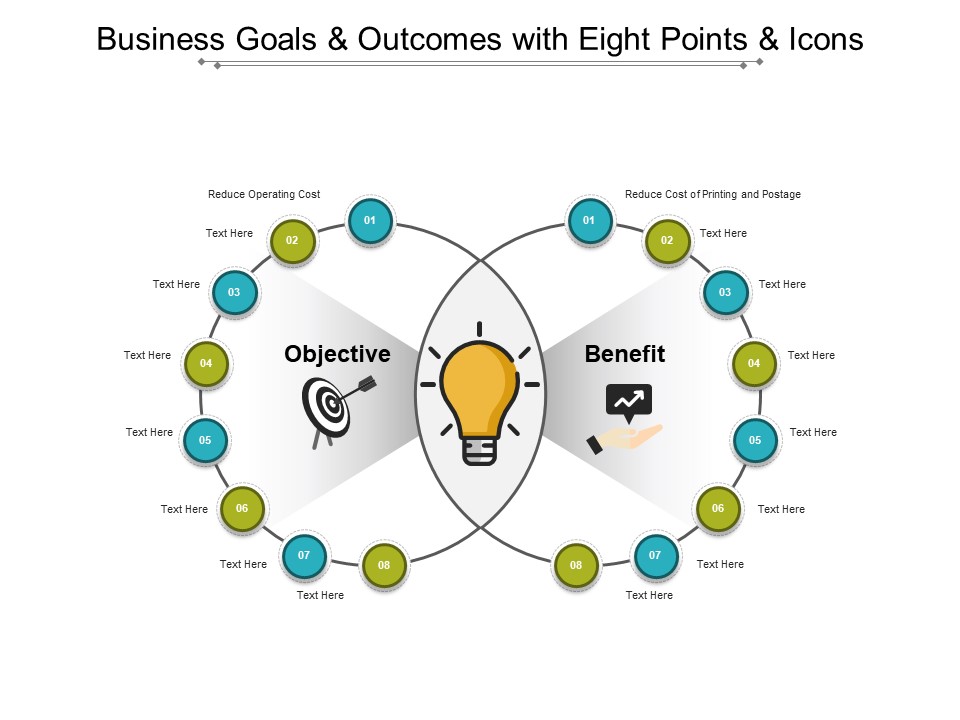 Business Goals And Outcomes With Eight Points And Icons Ppt PowerPoint Presentation Infographic Template Brochure