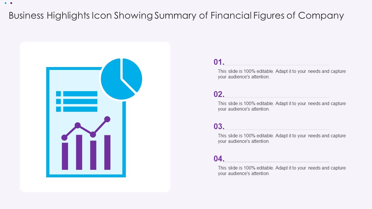 Business Highlights Icon Showing Summary Of Financial Figures Of Company Ppt Portfolio Information PDF