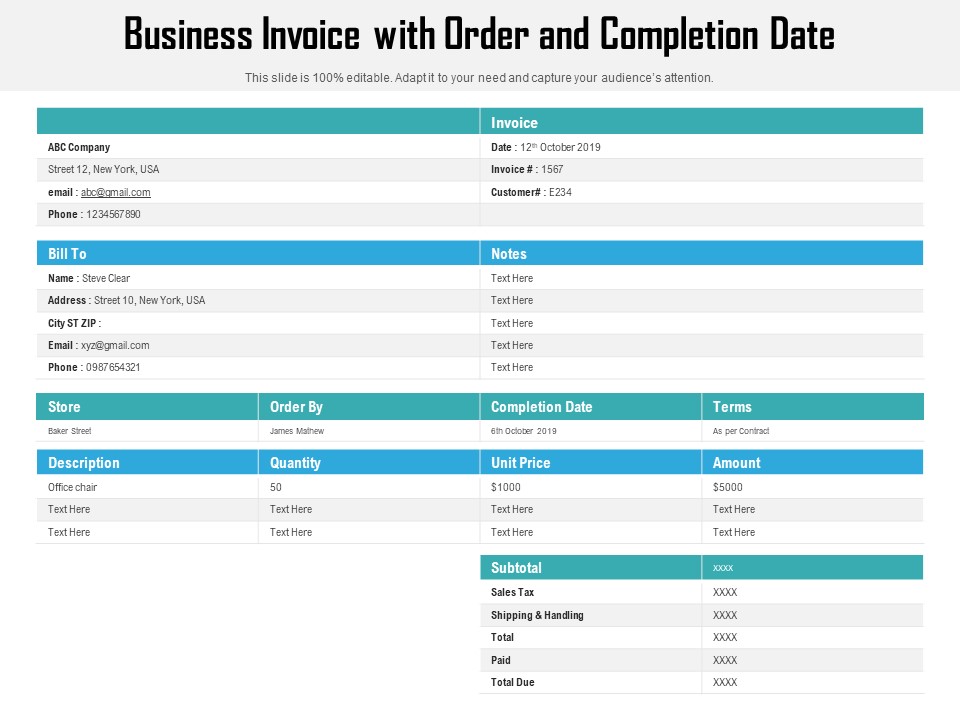 Business Invoice With Order And Completion Date Ppt PowerPoint Presentation Slide PDF