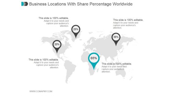 Business Locations With Share Percentage Worldwide Ppt PowerPoint Presentation Graphics