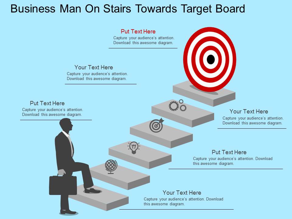 Business Man On Stairs Towards Target Board Powerpoint Template