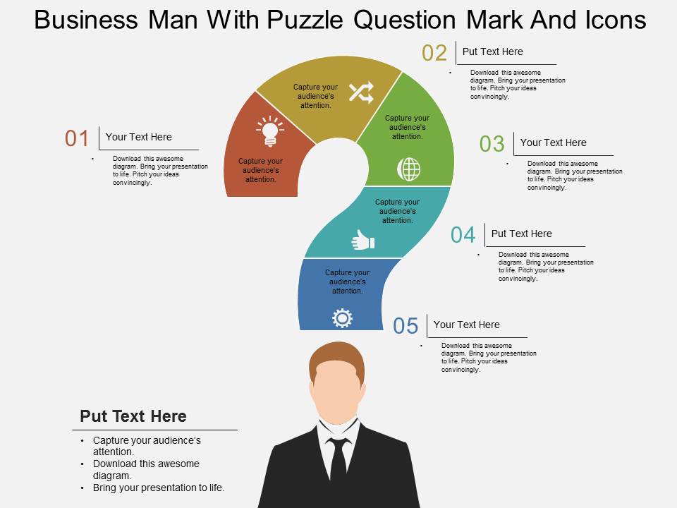 Business Man With Puzzle Question Mark And Icons Powerpoint Template
