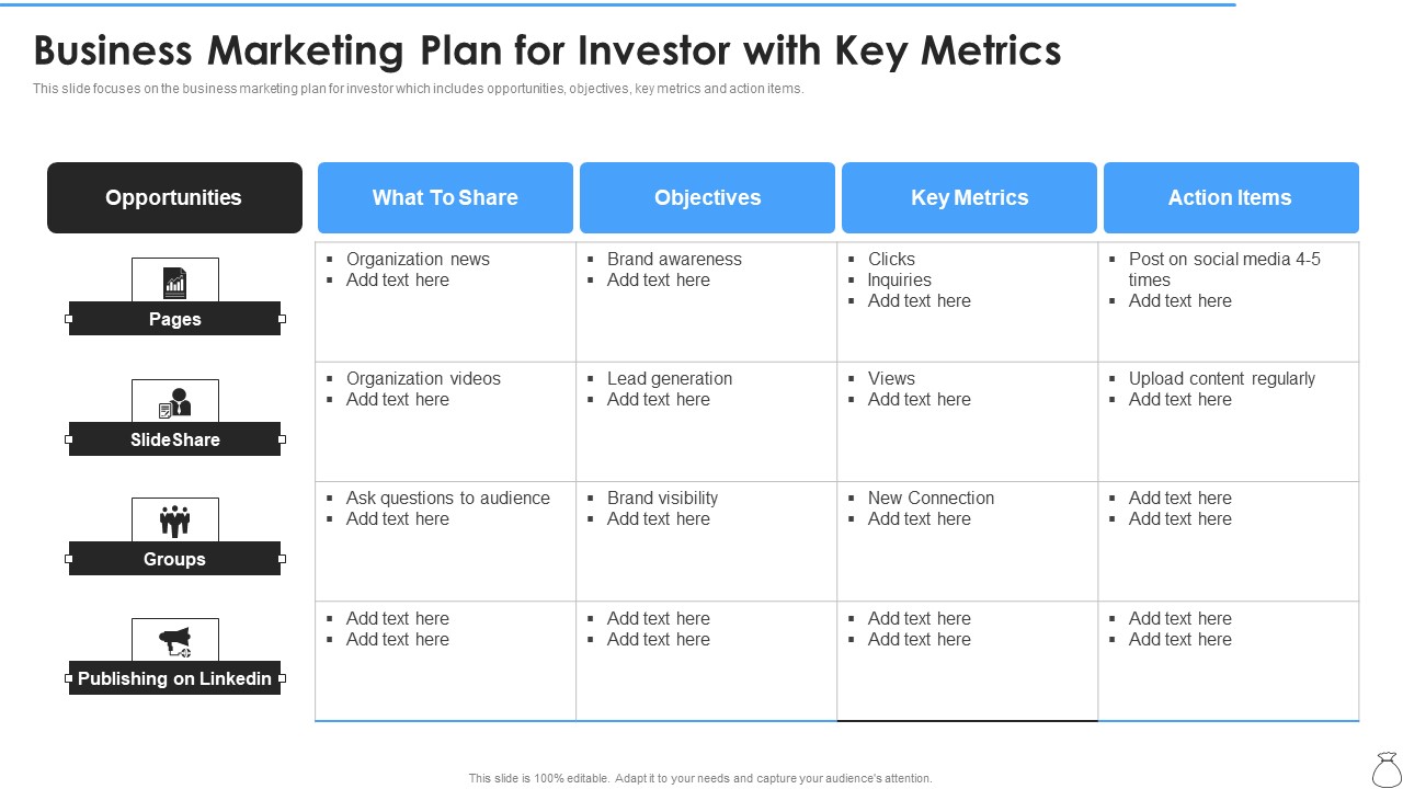 Business Marketing Plan For Investor With Key Metrics Information PDF