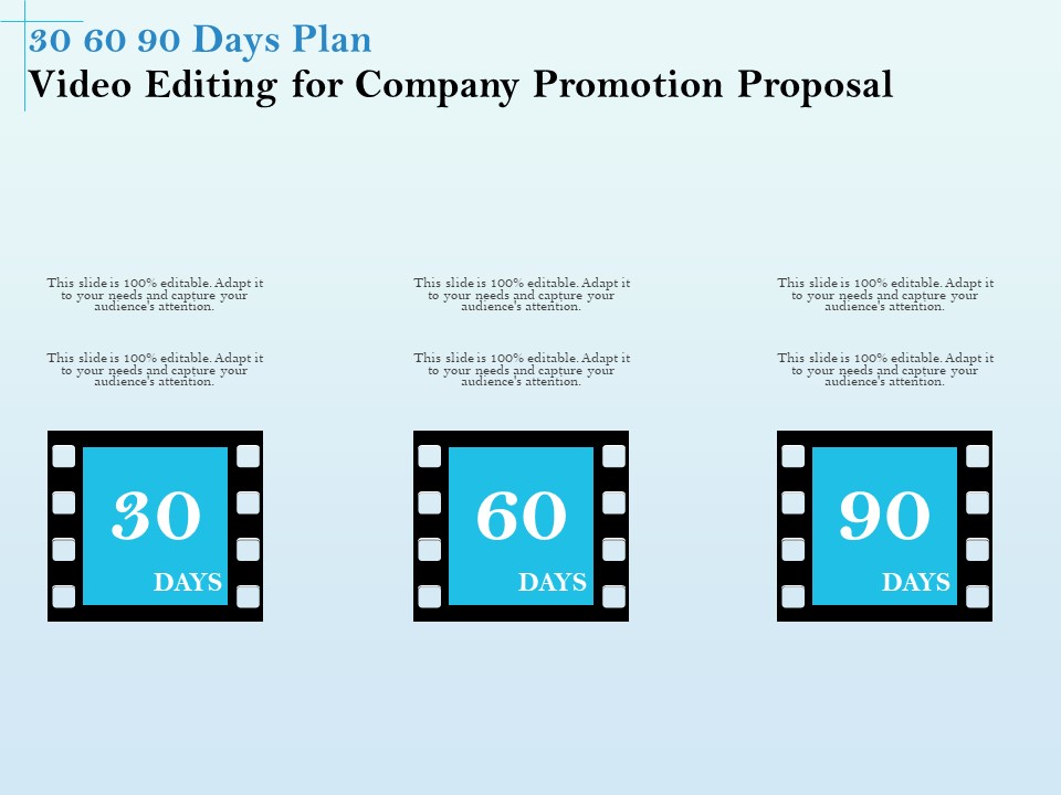 Business Marketing Video Making 30 60 90 Days Plan Video Editing For Company Promotion Proposal Slides PDF