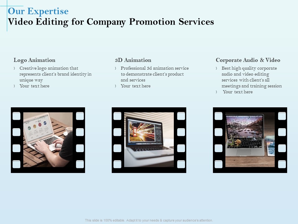 Business Marketing Video Making Our Expertise Video Editing For Company Promotion Services Summary PDF
