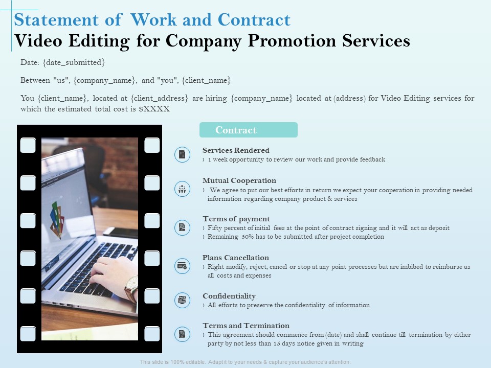 Business Marketing Video Making Statement Of Work And Contract Editing For Company Promotion Services Graphics PDF