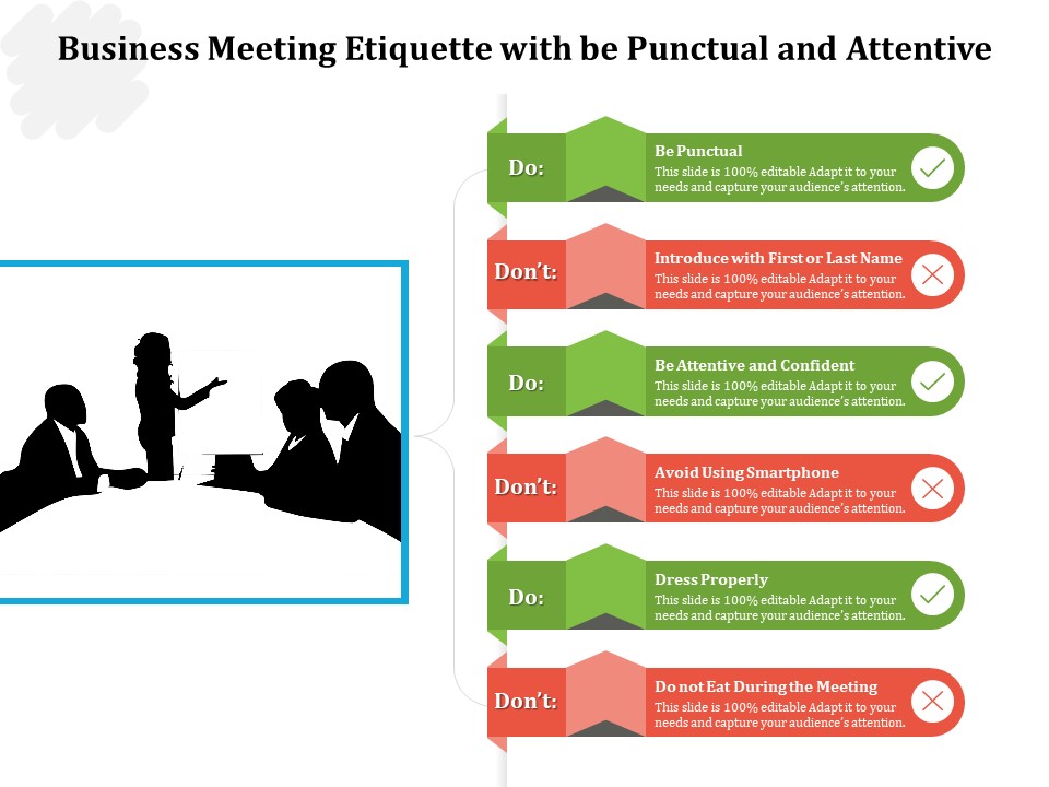 Business Meeting Etiquette With Be Punctual And Attentive Ppt PowerPoint Presentation File Introduction PDF