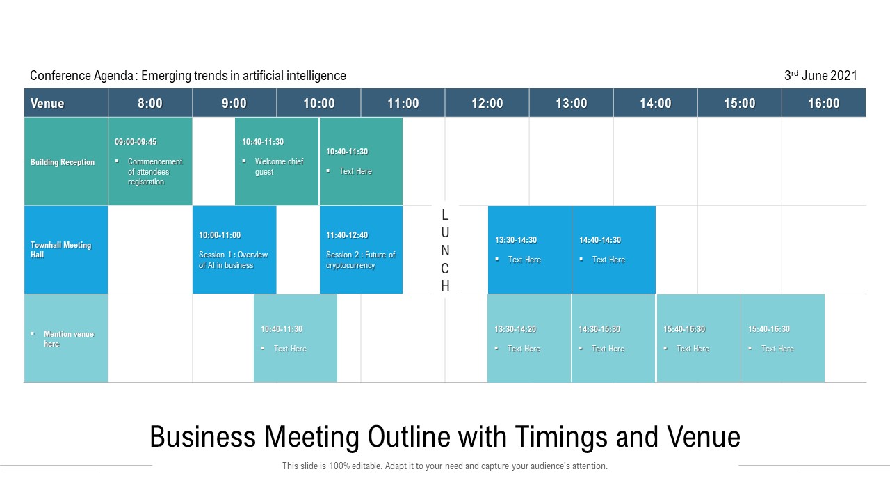 Business Meeting Outline With Timings And Venue Ppt PowerPoint Presentation Layout Ideas PDF