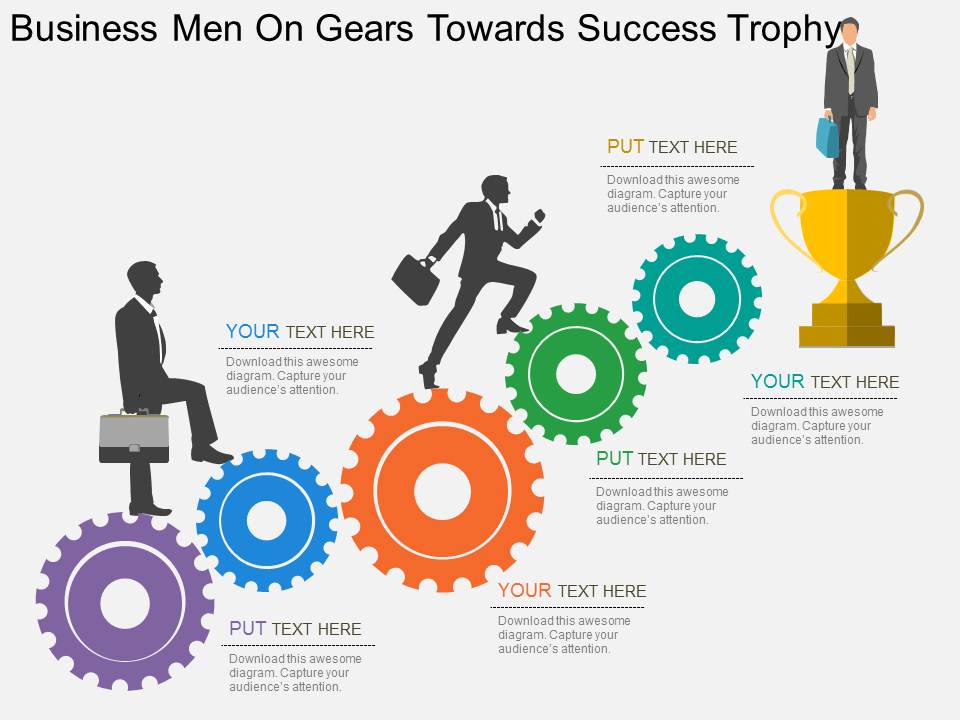 Business Men On Gears Towards Success Trophy Powerpoint Templates