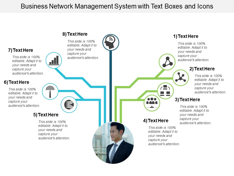 Business Network Management System With Text Boxes And Icons Ppt PowerPoint Presentation Gallery Layout