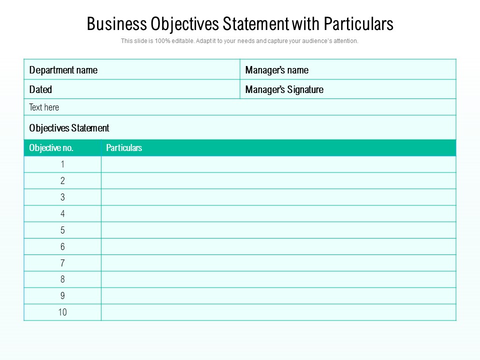 Business Objectives Statement With Particulars Ppt PowerPoint Presentation File Ideas PDF