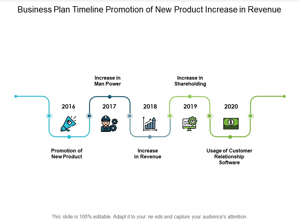 Business Plan Timeline Promotion Of New Product Increase In Revenue Ppt Powerpoint Presentation Styles Influencers