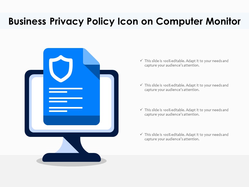 Business Privacy Policy Icon On Computer Monitor Ppt PowerPoint Presentation Gallery Slide Download PDF
