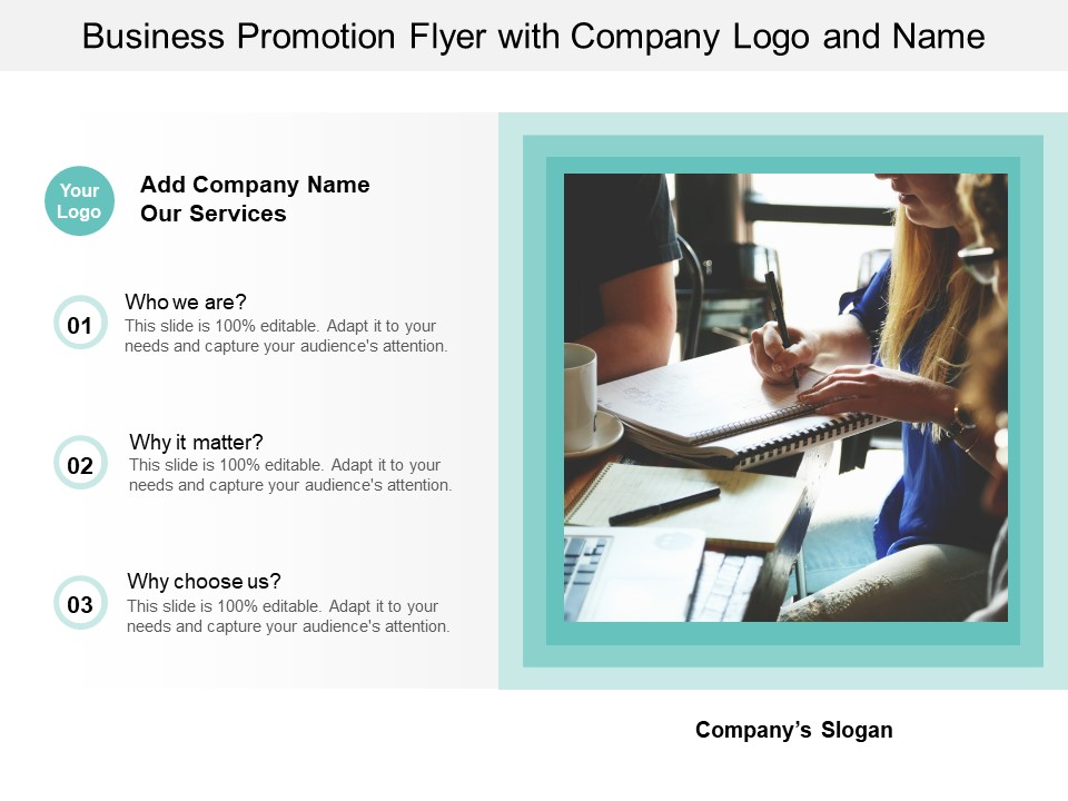 Business Promotion Flyer With Company Logo And Name Ppt PowerPoint Presentation Portfolio Display