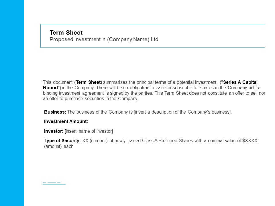 Business Term Sheet Term Sheet Proposed Investment In Company Name Ltd Ppt File Good PDF