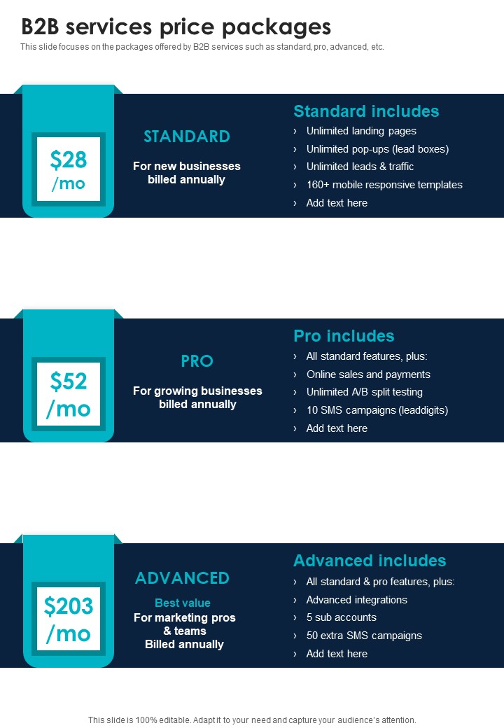Business To Business Enterprise B2b Services Price Packages One Pager Sample Example Document