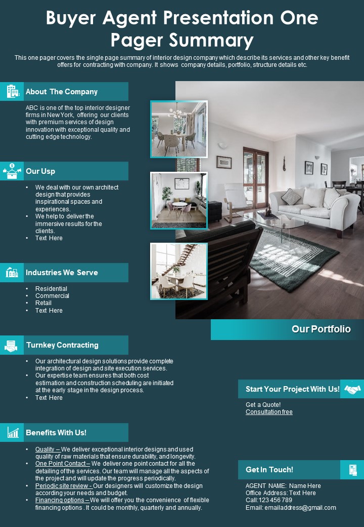 Buyer Agent Presentation One Pager Summary PDF Document PPT Template