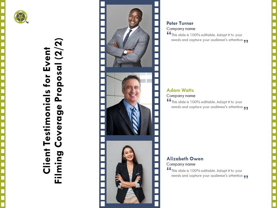 Capture Business Events Client Testimonials For Event Filming Coverage Proposal Audience Ppt Show Graphics Template PDF