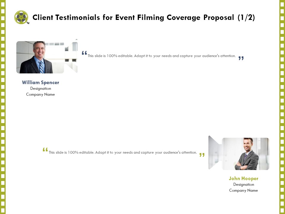 Capture Business Events Client Testimonials For Event Filming Coverage Proposal Ppt Ideas Slideshow PDF