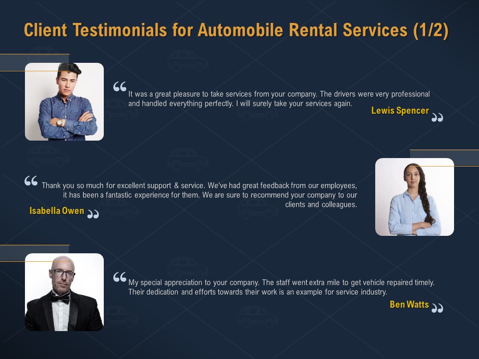 Car Hiring Client Testimonials For Automobile Rental Services Feedback Ppt Inspiration Templates PDF