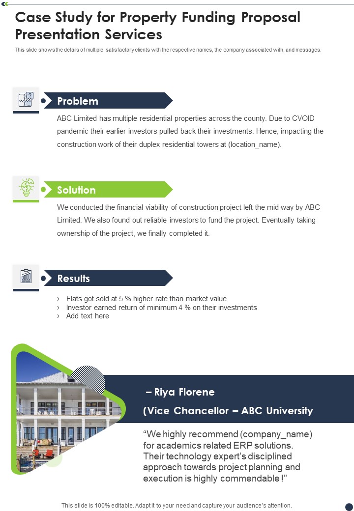 Case Study For Property Funding Proposal Presentation Services One Pager Sample Example Document