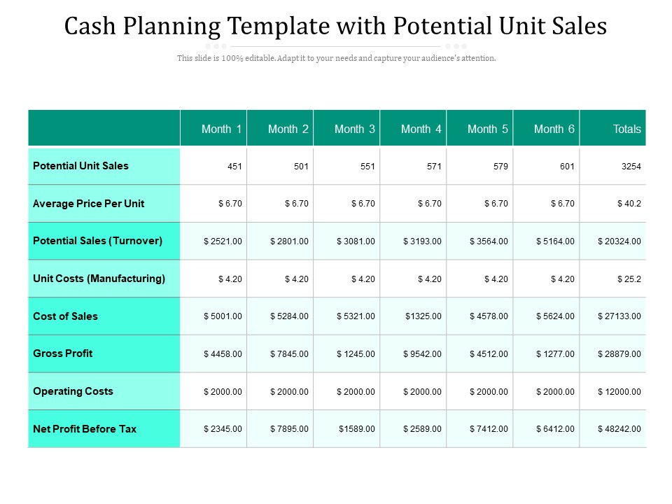 Cash Planning Template With Potential Unit Sales Ppt PowerPoint Presentation File Display PDF