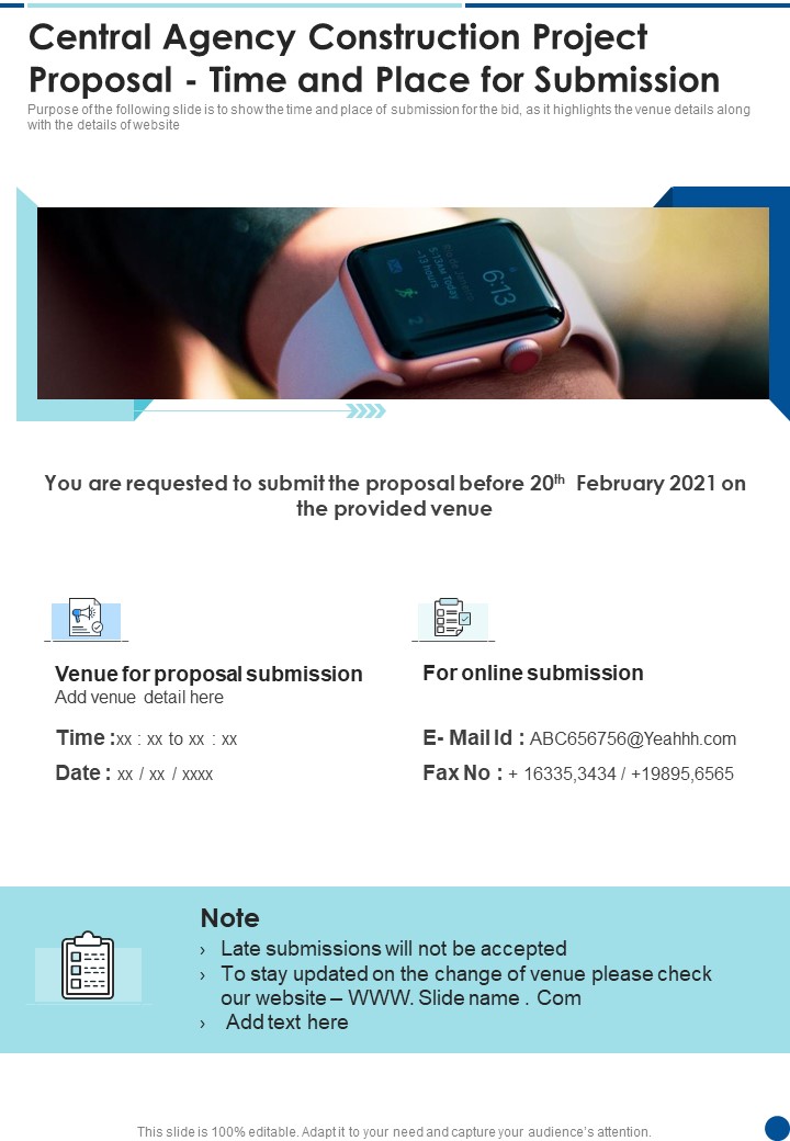 Central Agency Construction Project Proposal Time And Place For Submission One Pager Sample Example Document