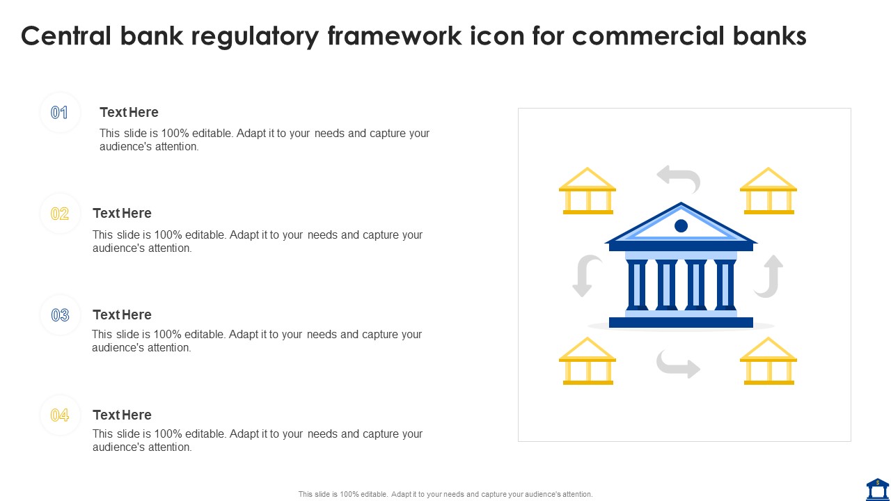 Central Bank Regulatory Framework Icon For Commercial Banks Demonstration PDF