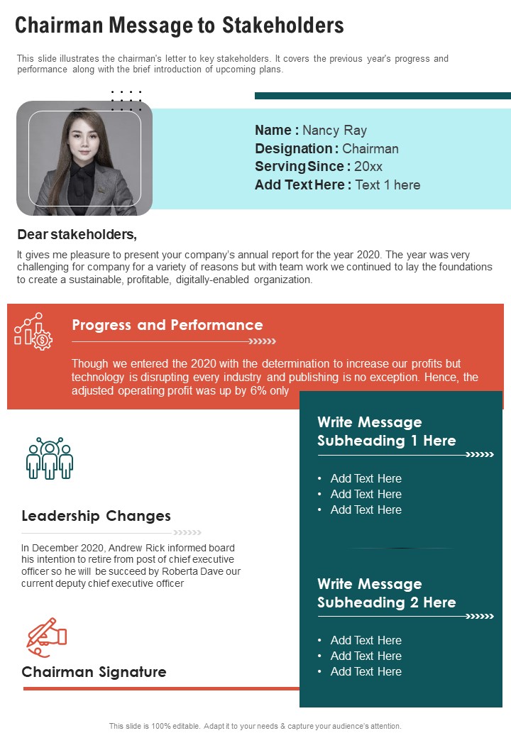 Chairman Message To Stakeholders One Pager Documents