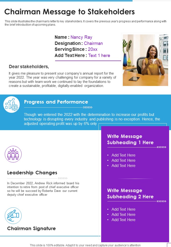 Chairman Message To Stakeholders Template 335 One Pager Documents