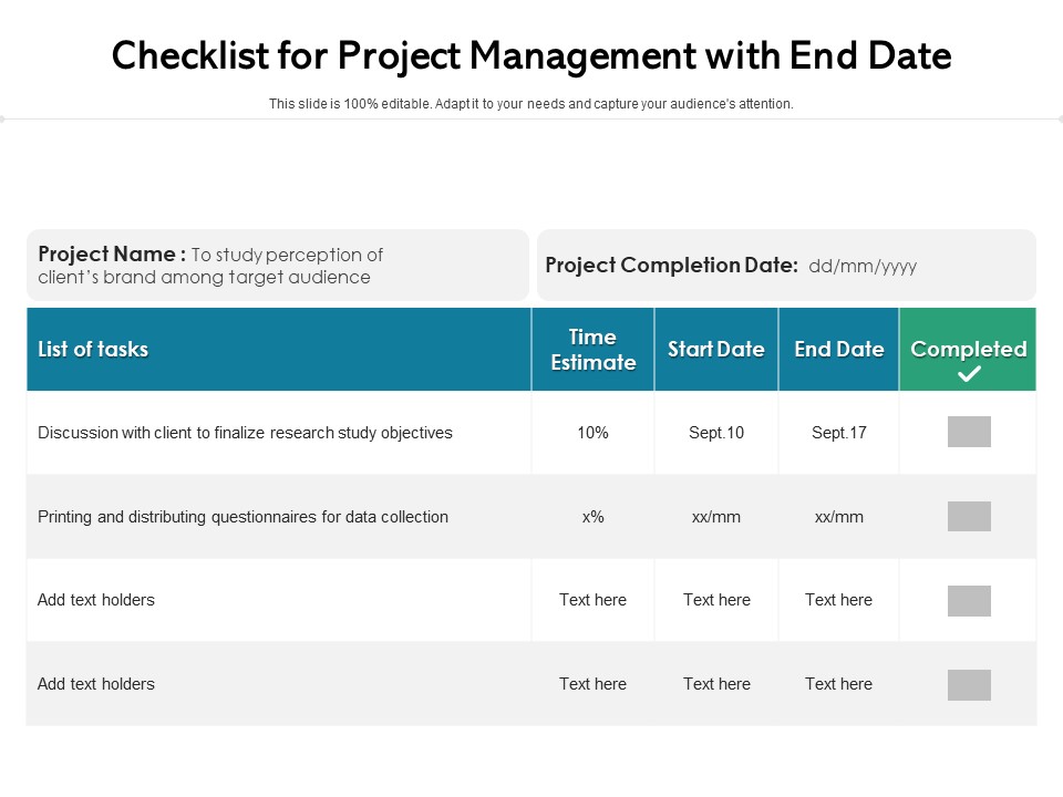 Checklist For Project Management With End Date Ppt PowerPoint Presentation Infographics Influencers PDF