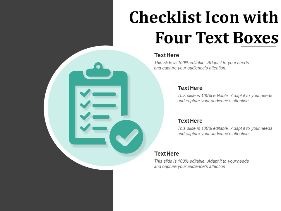Checklist Icon With Four Text Boxes Ppt PowerPoint Presentation Show Model