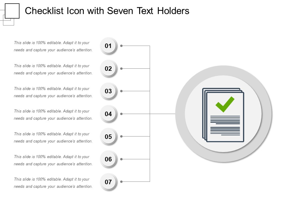 Checklist Icon With Seven Text Holders Ppt PowerPoint Presentation Slides Mockup PDF