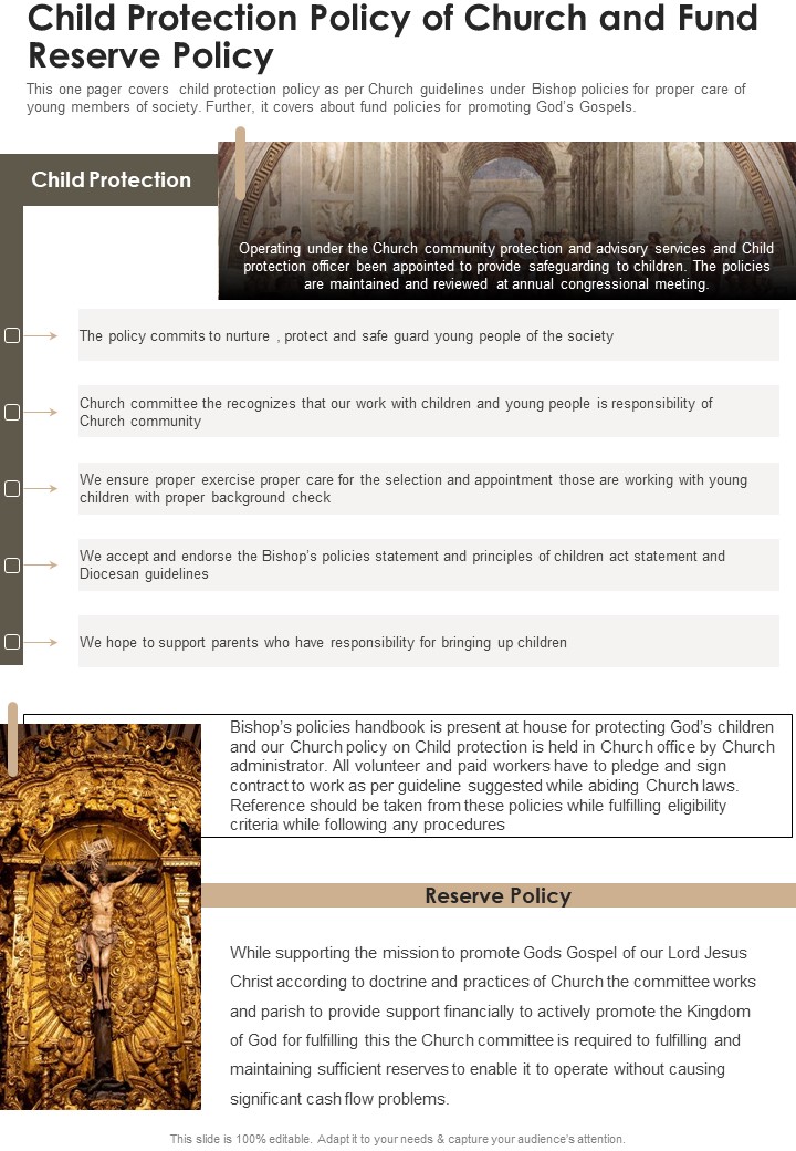 Child Protection Policy Of Church And Fund Reserve Policy One Pager Documents