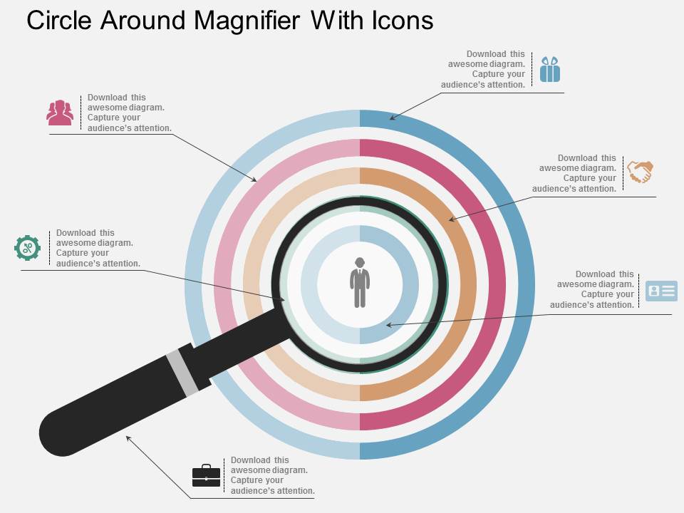 Circles Around Magnifier With Icons Powerpoint Template
