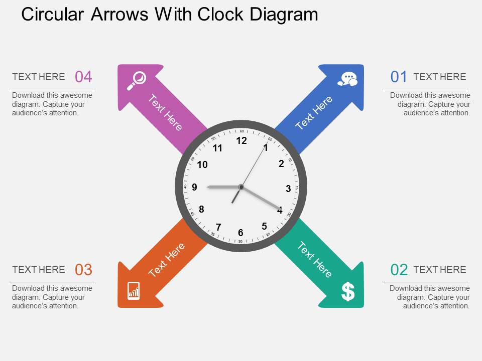 Circular Arrows With Clock Diagram PowerPoint Template