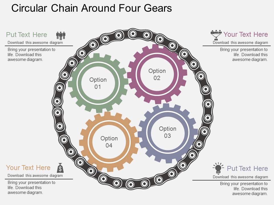 Circular Chain Around Four Gears Powerpoint Templates