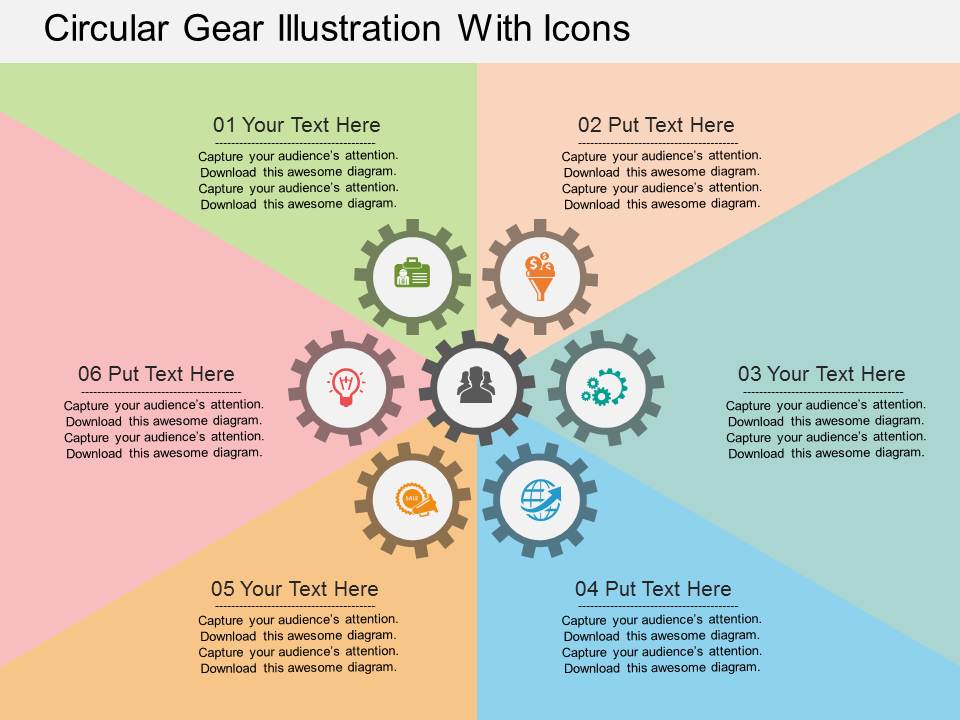 Circular Gear Illustration With Icons Powerpoint Templates
