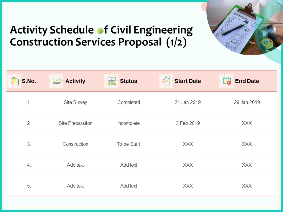 Civil Engineering Consulting Services Activity Schedule Of Civil Engineering Construction Services Proposal Date Template PDF