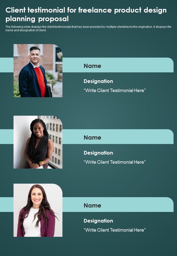 Client Testimonial For Freelance Product Design Planning Proposal One Pager Sample Example Document