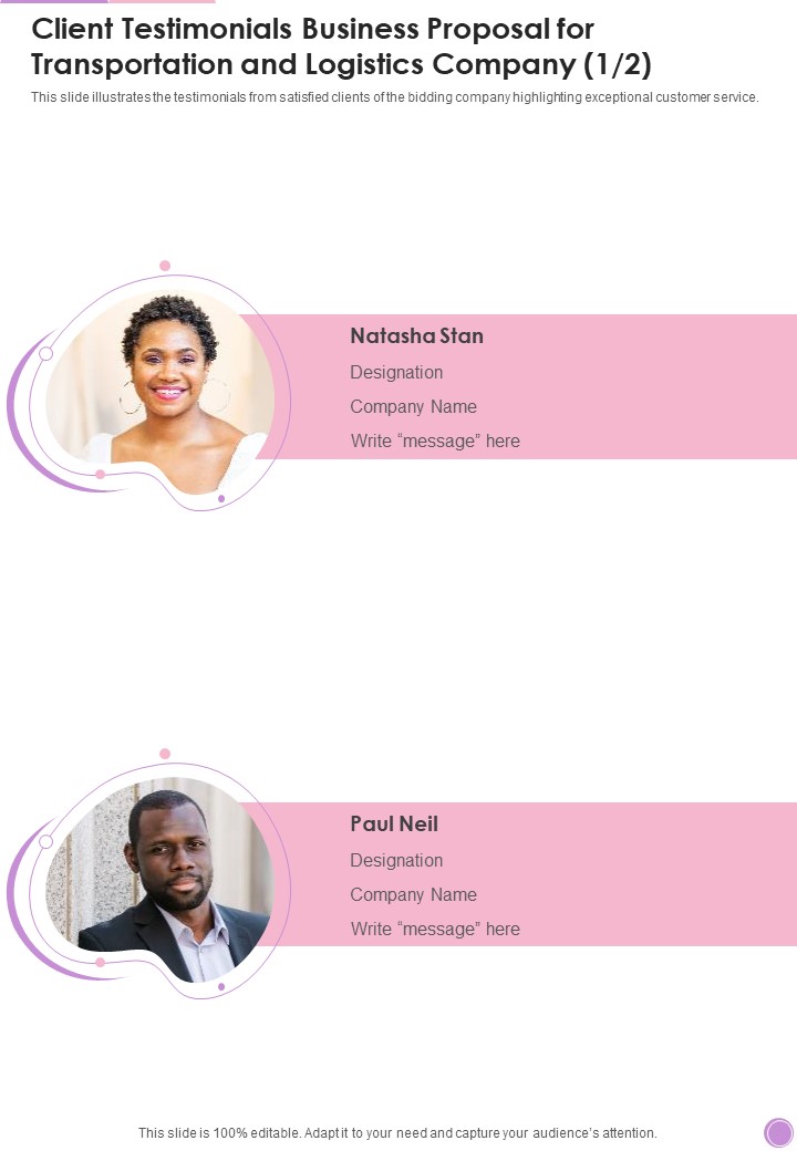 Client Testimonials Business Proposal For Transportation And Logistics Company One Pager Sample Example Document