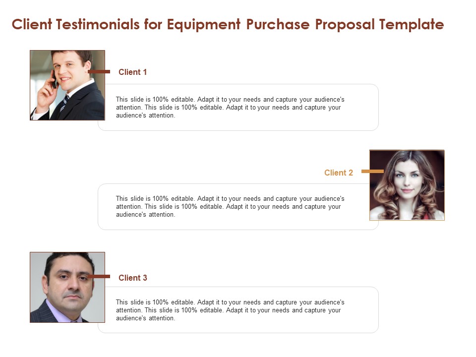 Client Testimonials For Equipment Purchase Proposal Template Ppt Model Gallery PDF