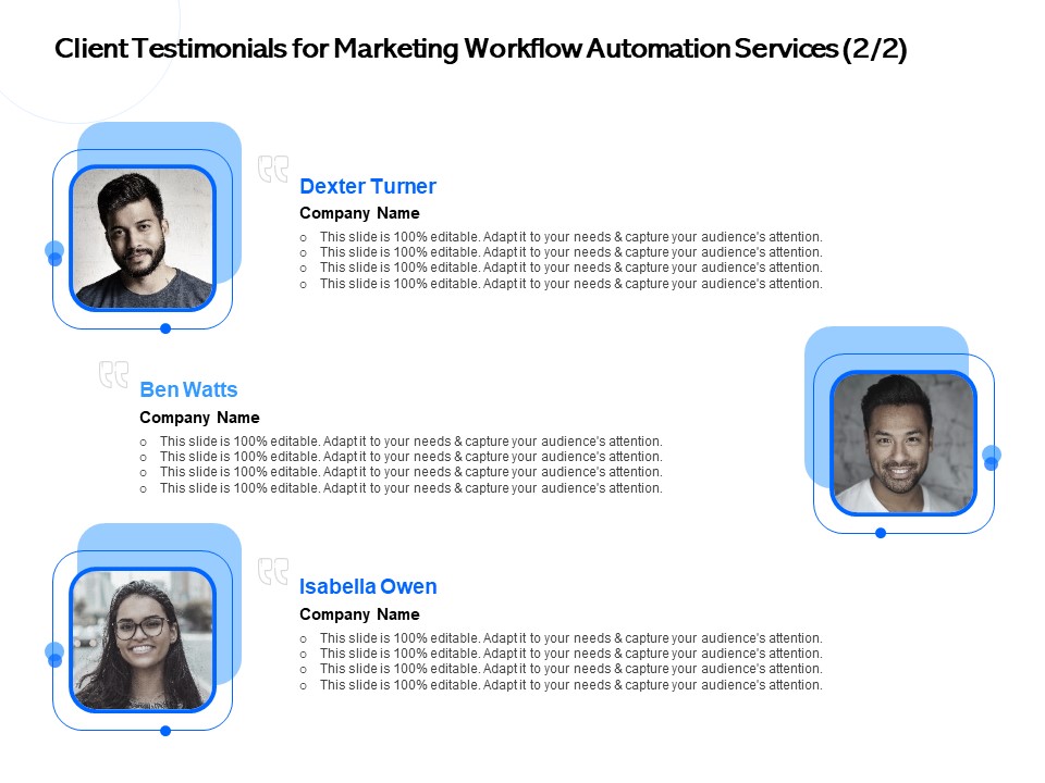 Client Testimonials For Marketing Workflow Automation Services Planning Ppt PowerPoint Presentation Gallery Tips PDF